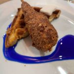 Chicken and waffles served at Larissa Zimberoff's futuristic dinner at 18 Reasons in San Francisco. The chicken comes from Sundial Foods, while the waffle is made with upcycled flour from Renewal Mill.
