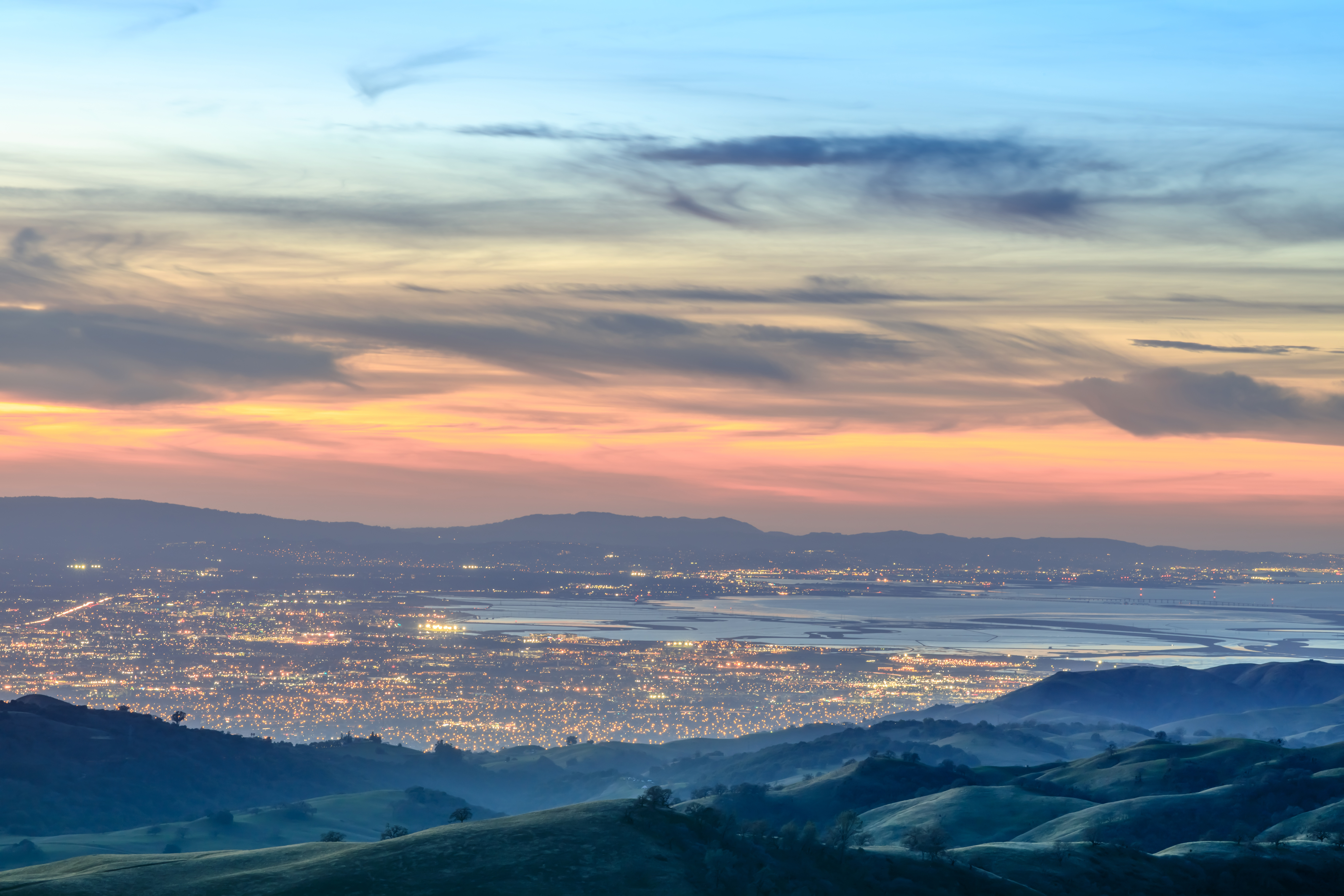 Silicon Valley Views from above. Santa Clara Valley at dusk as seen