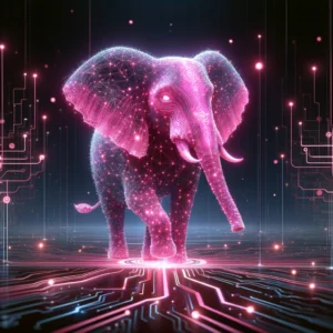 Surreal digital image of a pink elephant composed of neon lines and glowing dots, standing in a technological landscape with circuit patterns and data streams. The background is dark, highlighting the luminous and futuristic appearance of the elephant.