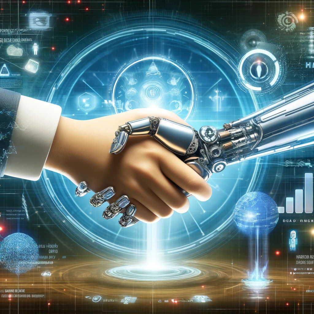 DALL·E 2024 06 03 16.34.53 Create a featured image that represents trust in the context of AI and data governance. The image should depict a futuristic handshake between a human