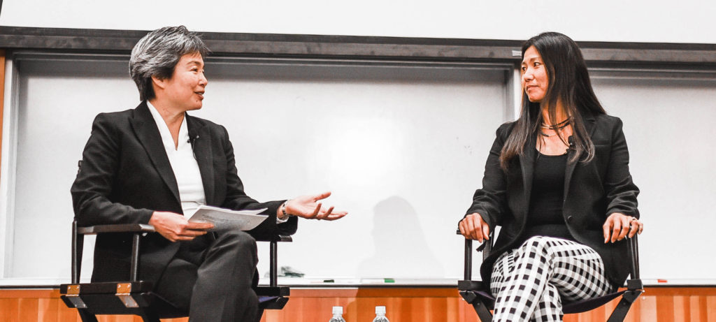 Dean Tsu-Jae King Liu (left) interviews Google Health VP Yoky Matsuoka (right) at the Newton Lecture Series on January 29.