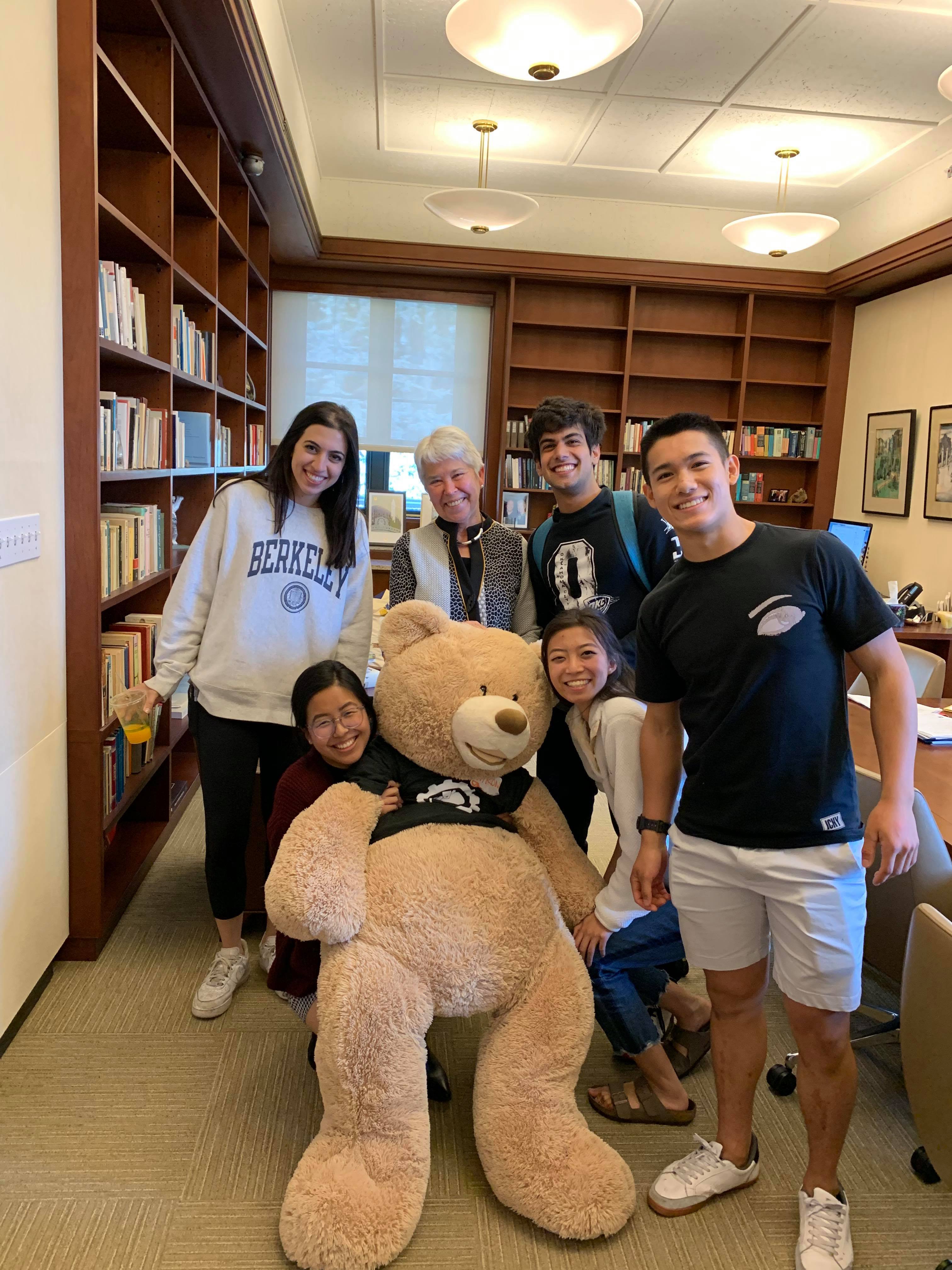 (Top row): Mina Nezam-Mafi, Chancellor Christ, Peru Dayani, Ryan Chiem (Bottom row): Fionce Siow, Citron the bear, Tammy Chan