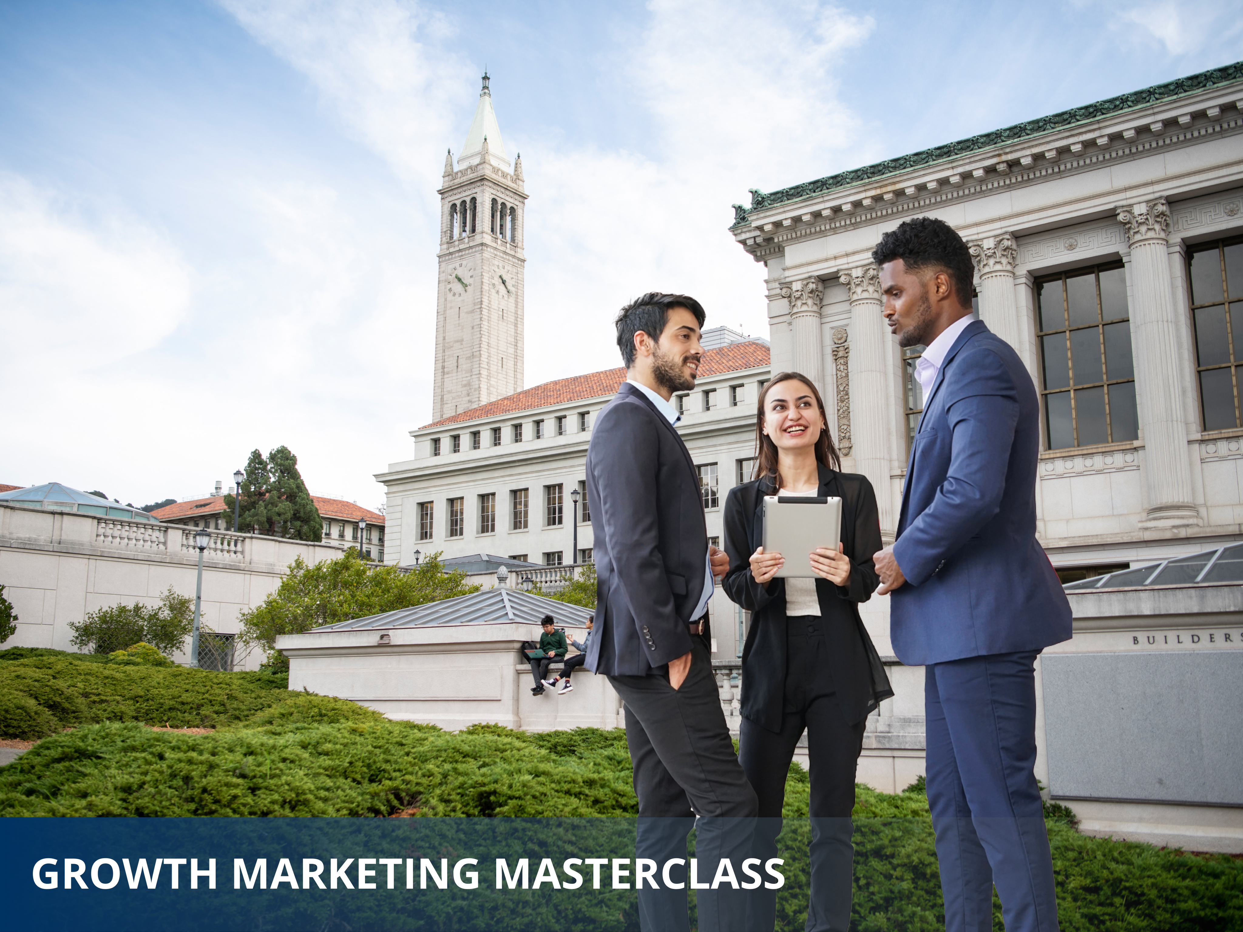 Growth Marketing students meeting in front of Berkeley Campanile