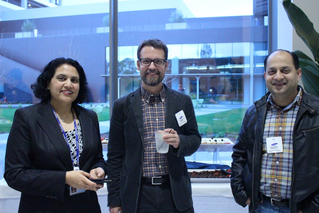Indira Joshi, Samsung; Per Karlsson, Ericsson and Ashish Mehra, NetApp enjoy the Samsung sponsored ELPP mixer on 3/10/16