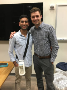 Asher Saghian and Patrick Thelen showing off their prototype of an IV side-strapped solution