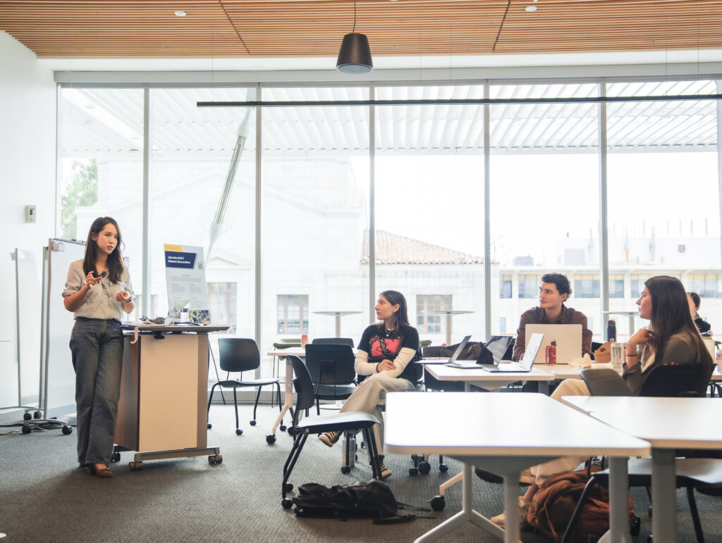 Aria Yang presenting to students at Grimes Engineering Center UC Berkeley