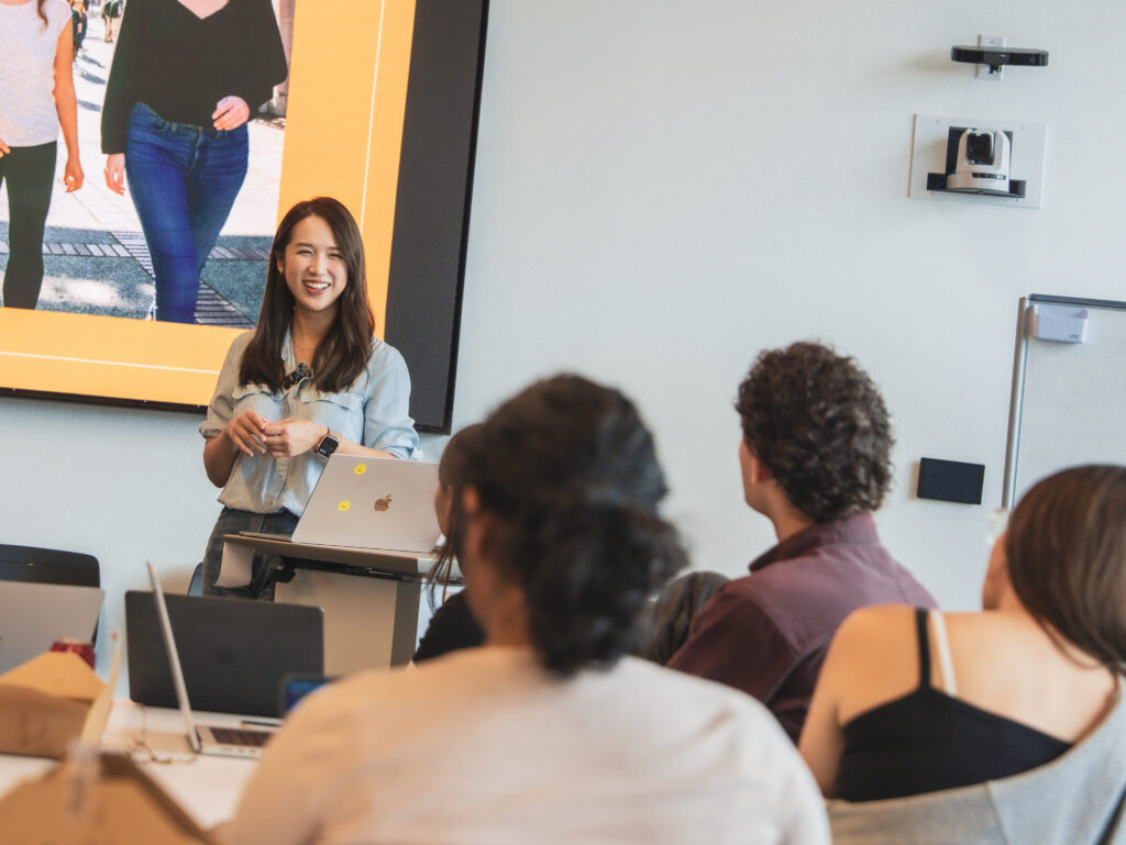 Aria Yang presenting to students at Grimes Engineering Center UC Berkeley