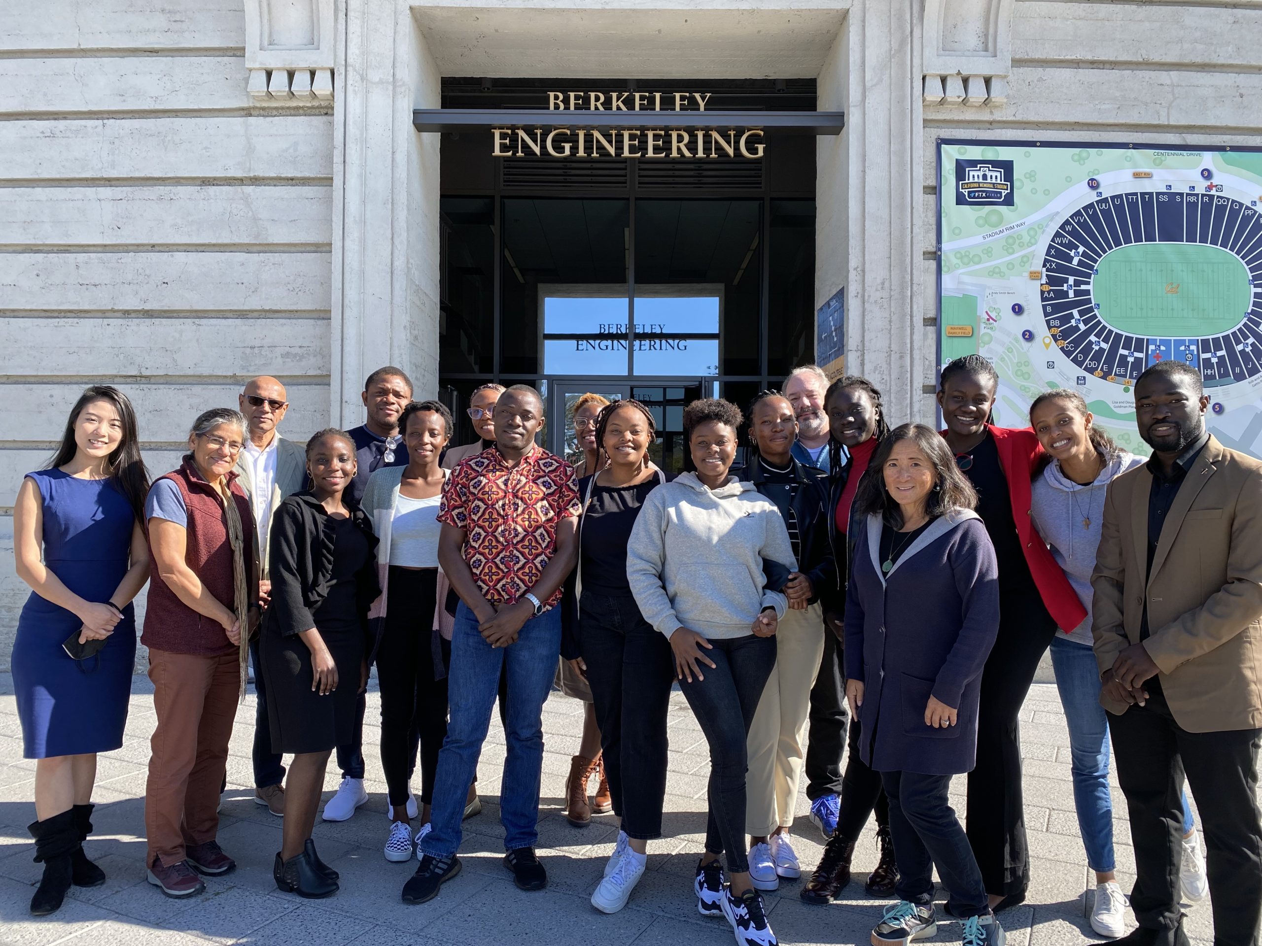 The judges, mentors, faculty and scholars pose in front of the Sutardja Center for a photo. Scholars included: Eric Assan, Diane Kabanyana, Mohamed Mohamed, Joy Nakato, Yaa Fremah Sarkodie, Kaone Tlagae, Esther Mburu, Jennifer Saarkwah, Martin Ssemulugo, Yordanos Zewdu, Sheila Okoroanyanwu, Sirak Fisseha Weldegebriel, Chineye Felix, and Okechukwu Iroegbu