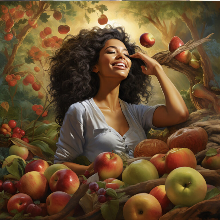 Woman looking happy and healthy surrounded by vegetables and fruit