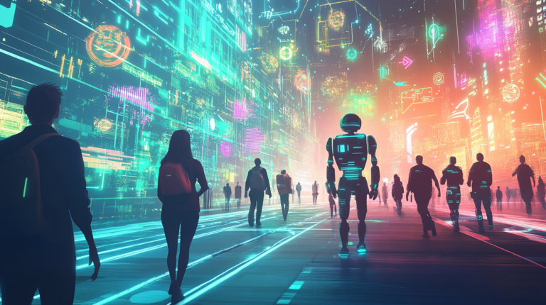 Illustration generated using MidJourney, showcasing a futuristic urban landscape where humans and robots coexist, symbolizing the interconnected systems and collaboration of a new AI-driven era.