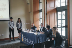 Two UC Berkeley students present on their meal replacement powder, MIX, which is intended to aid food insecurity in Puerto Rico.