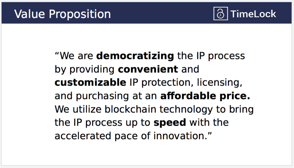 Value proposition infographic, stating 'We are democratizing the IP process by providing convenient and customizable IP protection, licensing, and purchasing at an affordable price. We utilize blockchain technology to bring the IP process up to speed with the accelerated pace of innovation